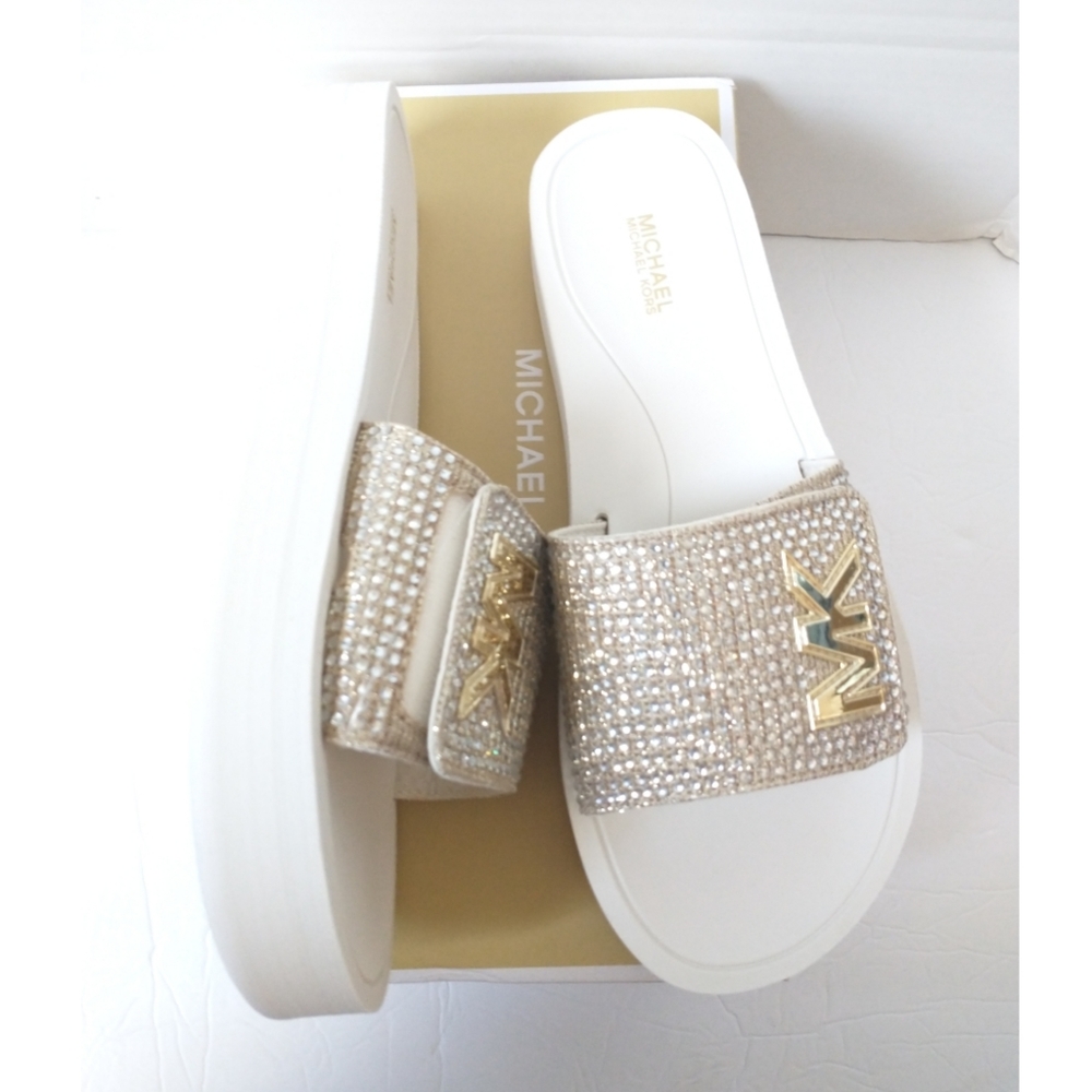 New! MICHAEL KORS Rhinestone MK Logo Platform Slide Sandals Shoes Open-Toe - Picture 5 of 7